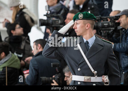 Berlin, Germany. 17th Mar, 2014. New Italian Prime Minister Matteo Renzi is welcomed in Berlin with Military Honors by German Chancellor Merkel./Picture: Military Honors at Germany Chancellery, in Berlin, on March 17, 2014. Credit:  Reynaldo Paganelli/NurPhoto/ZUMAPRESS.com/Alamy Live News Stock Photo