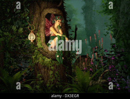 3D computer graphics of a fairy with a wreath on her head, sitting in a knothole of a tree Stock Photo