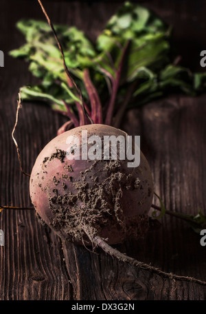 Beetroot with soil on wooden background Stock Photo
