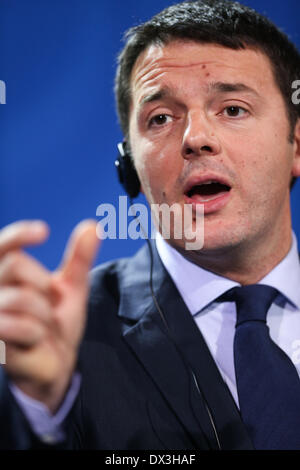 Berlin, Germany. 17th Mar, 2014. Italy's Prime Minister Matteo Renzi speaks during a press conference at the Chancellery in Berlin, Germany, on Mar. 17, 2014. Merkel on Monday welcomed Italy's visiting new Prime Minister Matteo Renzi on his first official visit to Berlin for German and Italian government consultations since Renzi took office in February. Credit:  Zhang Fan/Xinhua/Alamy Live News Stock Photo