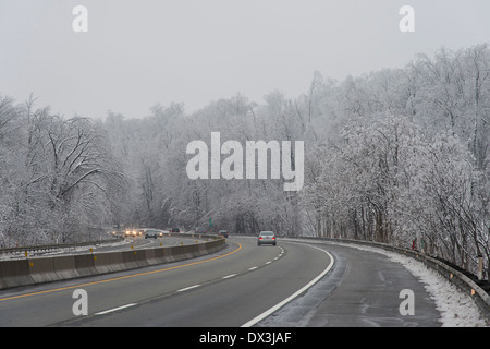 Driving On Highway Winter Weather Snow Stock Photo