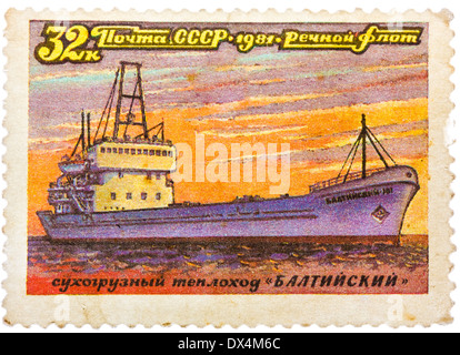 stamp printed in USSR (Russia) shows a ship with the inscription 'Baltysky (freighter)', from the series 'Russian river fleet' Stock Photo