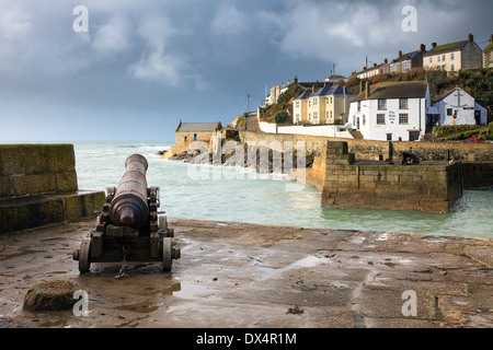 The Canon's that guard the harbour at Porthleven in Cornwall Stock Photo