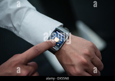 London, UK. 18 March 2014.  Galaxy Gear smartwatch by Samsung is on show at the Wearable Technology Conference at Olympia in London Credit:  Piero Cruciatti/Alamy Live News Stock Photo
