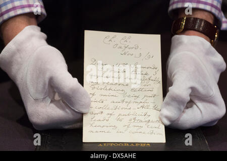 London, UK, 18 March 2014. The letter from Alice in Wonderland author Lewis Carroll (under his real name Charles Dodgson) to a friend complaining about the drawbacks of fame goes under the hammer and is expected to fetch £3,000-£4,000. In the letter, Carroll says he hated publicity so intensely that 'sometimes I almost wish I had never written any books at all'. The Bonhams' Books, Maps, Manuscripts and Historical Photographs auction takes place on 19 March 2014. Credit:  Nick Savage/Alamy Live News