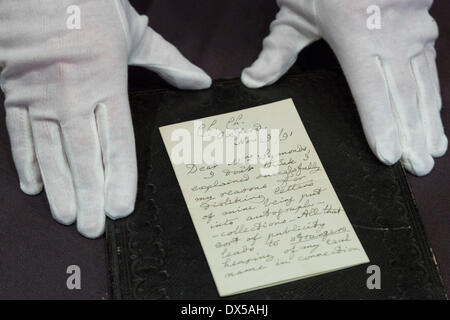 London, UK, 18 March 2014. The letter from Alice in Wonderland author Lewis Carroll (under his real name Charles Dodgson) to a friend complaining about the drawbacks of fame goes under the hammer and is expected to fetch £3,000-£4,000. In the letter, Carroll says he hated publicity so intensely that 'sometimes I almost wish I had never written any books at all'. The Bonhams' Books, Maps, Manuscripts and Historical Photographs auction takes place on 19 March 2014. Credit:  Nick Savage/Alamy Live News
