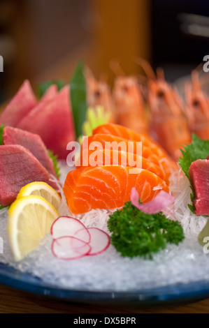 Japanese style assorted sashimi dish laid over crushed ice Stock Photo