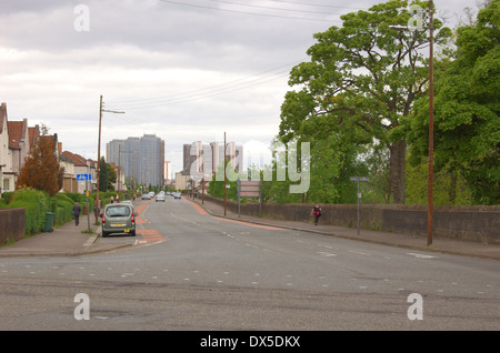 View of the Red Road Flats from the corner of Cumbernauld Road and Provanmill Road in Glasgow, Scotland Stock Photo
