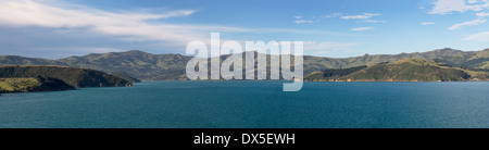 Akaroa harbour near Christchurch on South Island, New Zealand Stock Photo