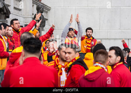 London, UK. March 18th. Hundreds of Galatasaray fans from Turkey gather in London's Trafalgar Square ahead of their Champion's League fixture with Chelsea at Stamford Bridge. Credit:  Paul Davey/Alamy Live News Stock Photo