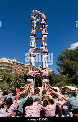 Traditional catalan human pyramid, named Castell, on April 29, 2012 in Barcelona, Spain. Stock Photo
