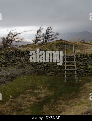 A Stile over a dry stone wall on Black Fell, Lake District, England on a cold grey day Stock Photo