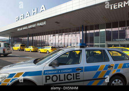 Taxi, cab, Czech police car on Vaclav Havel Airport, Ruzyne, Prague, Czech Republic Stock Photo