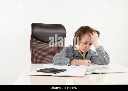 school boy hate learning on white background Stock Photo