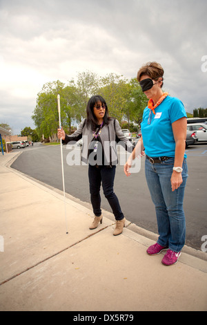 Visitors to a school for the blind in Tustin, CA, are blindfolded to allow them to experience sightlessness as they learn to use a white cane for walking in a parking lot. Stock Photo