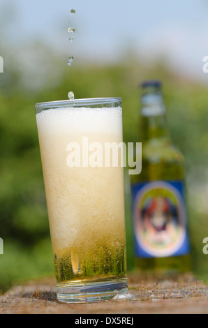 The last drops. a refreshing glass of cider being poured on a garden wall on a sunny day Stock Photo
