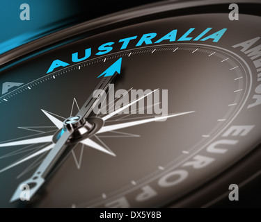 Abstract compass needle pointing the destination australia, blue and brown tones with focus on the main word. Stock Photo