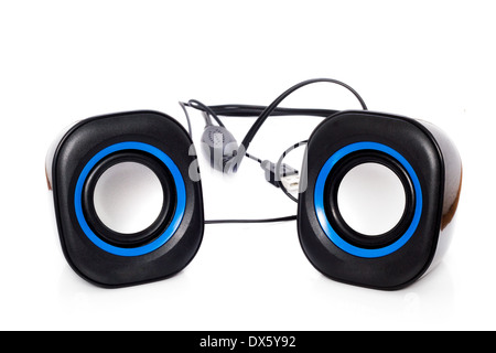Black small speakers for computers isolated on white background . Stock Photo