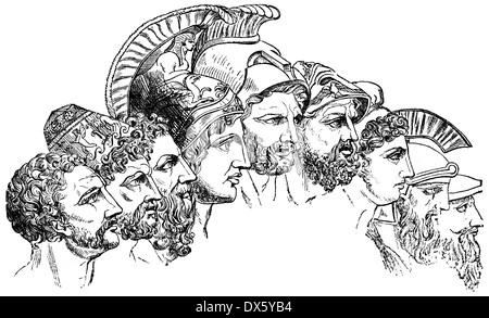 Heroes of Trojan War (Agamemnon, Achilles, Menelaus, Nestor, Odysseus, Ajax, Diomedes), illustration from book dated 1878 Stock Photo