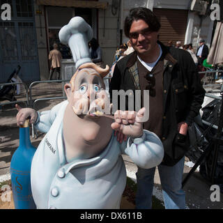 Valencia, Spain. 18th Mar, 2014. Designer Pedro pose with his gigantic doll during the Fallas Festival in Valencia, Spain, March. 18, 2014. The Fallas Festival is a traditional celebration held in commemoration of Saint Joseph in the city of Valencia, in Spain. Credit:  Xinhua/Alamy Live News Stock Photo