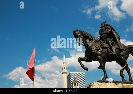 Statue Albanian national hero George Kastrioti Skanderbeg on his horse, in the main square of Tirana, the capital of Albania Stock Photo