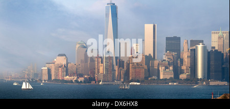 Panoramic view from Brooklyn Cruise Terminal across Governors Island towards Downtown Manhattan, New York Stock Photo