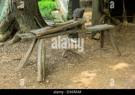 Thomas Lincoln's shave-horse, a carpenter bench (replica), Lincoln Boyhood National Memorial, Indiana. Digital photograph Stock Photo