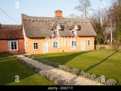 Pretty ochre coloured historic thatched cottage in the village of Ufford, Suffolk, England Stock Photo