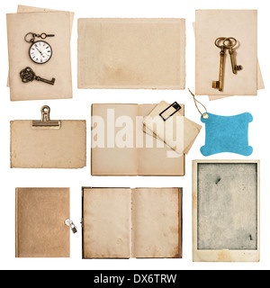 antique grungy paper sheets with clock and key isolated on white background Stock Photo