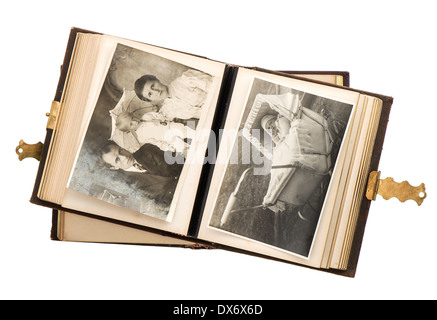 open antique photo album pages with baby pictures isolated on white  background. vintage nostalgic background Stock Photo - Alamy