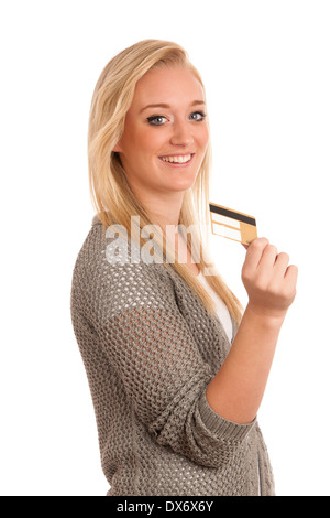 Young woman with golden credit isolated over white Stock Photo