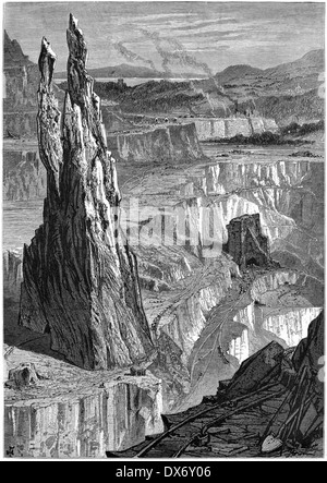 An engraving entitled 'Penrhyn Slate Quarries' scanned at high resolution from a book published in 1880.  Believed copyright free. Stock Photo