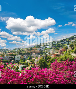 french reviera, view of luxury resort Villefranche-sur-Mer near Nice and Monaco. mediterranean landscape with azalea flowers and Stock Photo