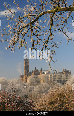 Frosty trees with Glasgow University tower. Glasgow. Scotland. Stock Photo