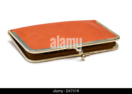 Vintage orange leather coin purse with metal clasp on white background Stock Photo