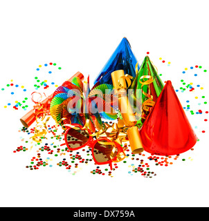 colorful carnival and birthday party decoration. garlands, streamer, cracker, glasses and confetti Stock Photo