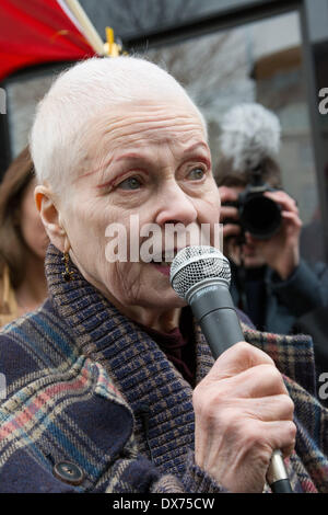 London, UK. 19th March 2014.  Fashion Designer Vivienne Westwood speaks in support as anti-fracking demonstrators stage a protest in London to co-incide with the Shale Gas Forum, a commercial fracking industry event. Commercial exploitation of shale gas deposits by 'fracking' has proven controversial in the UK with protest greeting exploratory drilling in many sites across the UK. Credit:  Patricia Phillips/Alamy Live News Stock Photo