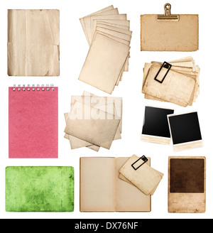 set of various old paper sheets and pictures. vintage photo album and book pages, cards, pieces isolated on white background Stock Photo