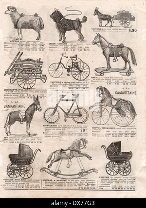 PARIS, FRANCE - CIRCA 1898: vintage victorian toys collection. antique shop advertising, page of very popular shopping catalog Stock Photo