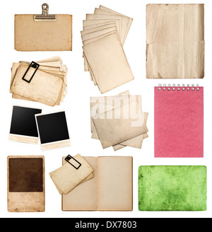 set of various old paper sheets and pictures. vintage photo album and book pages, cards, pieces isolated on white background Stock Photo