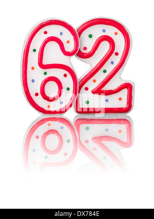 Birthday candles number sixty two isolated on white background Stock ...