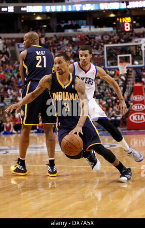 March 14, 2014: Indiana Pacers guard George Hill (3) uses forward David West (21) as a screen on Philadelphia 76ers guard Michael Carter-Williams (1) while heading to the basket during the NBA game between the Indiana Pacers and the Philadelphia 76ers at the Wells Fargo Center in Philadelphia, Pennsylvania. The Pacers won 101-94. Christopher Szagola/Cal Sport Media Stock Photo