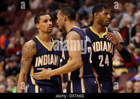 March 14, 2014: Indiana Pacers guard George Hill (3) comes back to the bench with forward Paul George (24) as they are greeted by forward Evan Turner (12) during the NBA game between the Indiana Pacers and the Philadelphia 76ers at the Wells Fargo Center in Philadelphia, Pennsylvania. The Pacers won 101-94. Christopher Szagola/Cal Sport Media Stock Photo