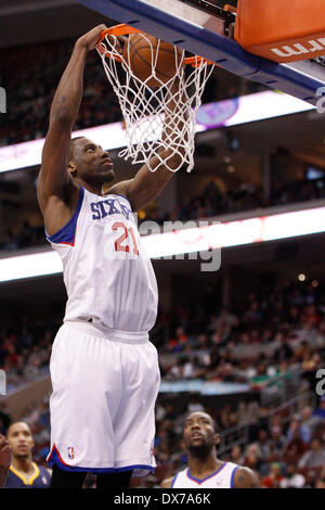 March 14, 2014: Philadelphia 76ers forward Thaddeus Young (21) dunks the ball during the NBA game between the Indiana Pacers and the Philadelphia 76ers at the Wells Fargo Center in Philadelphia, Pennsylvania. The Pacers won 101-94. Christopher Szagola/Cal Sport Media Stock Photo