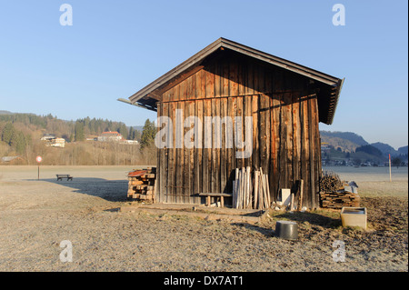 hay barn on pastures south of Oberstdorf, Allgäu, Bavaria, Germany Stock Photo