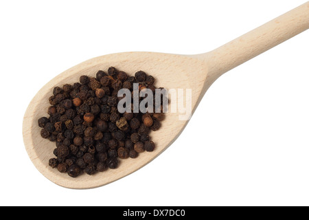 Black pepper on wooden spoon Stock Photo