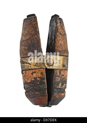 vintage jeweler wooden vise holder over white, clipping path Stock Photo