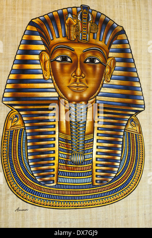 Painting of Tutankhamun's death mask on papyrus paper, Cairo, Egypt Stock Photo