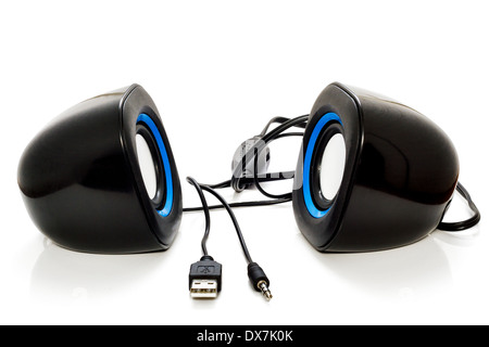 Black small speakers for computers isolated on white background . Stock Photo