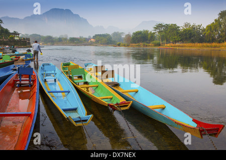 Dawn over the Nam Song River in Vang Vieng, Laos Stock Photo